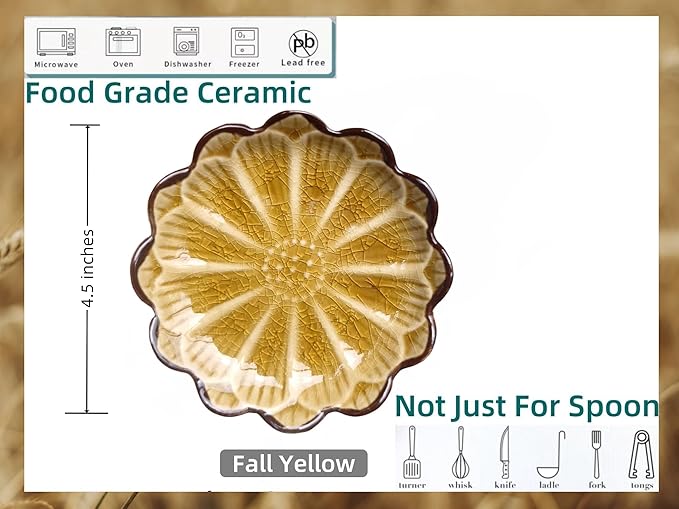 Ceramic Spoon Rest for Stove Top, Flower Cute Spoon Rest for Kitchen Counter, Cooking Spoon Holder for Kitchen Counter, Utensil Rest Spatula Rest Ladle Holder Tong Rest, 1 PC (Ice Cracks, Fall yellow)