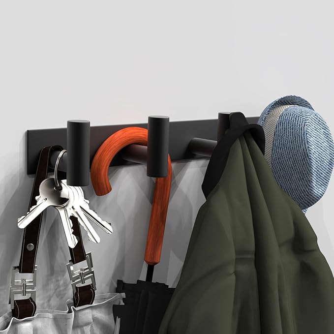 VAEHOLD 2PACK Hat and Coat Wall Mount Rack - 4 Hooks for Robes, Bags, Keys, and Towels - Bathroom Towel Hanger Organizer -Black