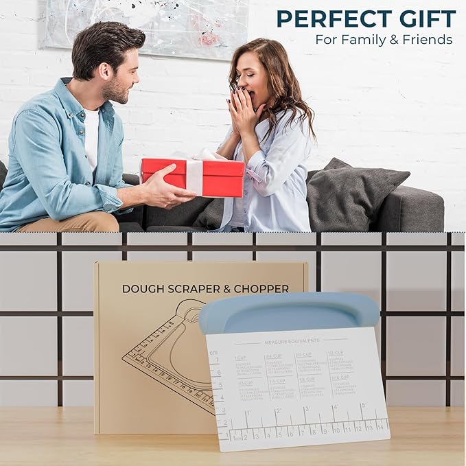 Bench Scraper Dough Cutter Tool - Pastry Scraper for Bread Cake Pizza, Bench Knife Kitchen Dough Scraper for Baking, Stainless Steel Food Scraper with Grip Handles & Measuring Scale, Blue