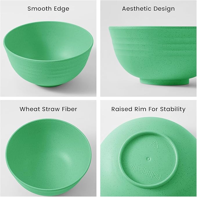 PYRMONT Wheat Straw Cereal Bowls Set, 6 Unbreakable 26 OZ Reusable Plastic Bowls for Kitchen, Dishwasher & Microwave Safe, Serving Soup, Salad, Oatmeal, Ramen, Noodles, Camping