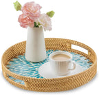 13.8 in Round Rattan Serving Tray with Handle, Mother of Pearl Inlay Wooden Base, Decorative Wicker for Table, Kitchen Island & Home Decor (Blue Leaf)