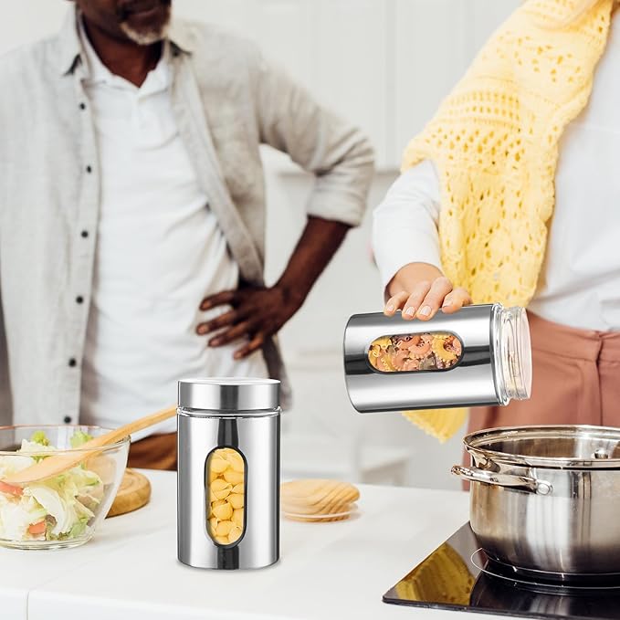 6 Pack Kitchen Canisters Set Airtight Coffee Sugar Tea Candy Storage Jars with Window Glass Stainless Steel Containers with Lids for Flour Cookies Spices Grains Kitchen Decorations(32 oz)