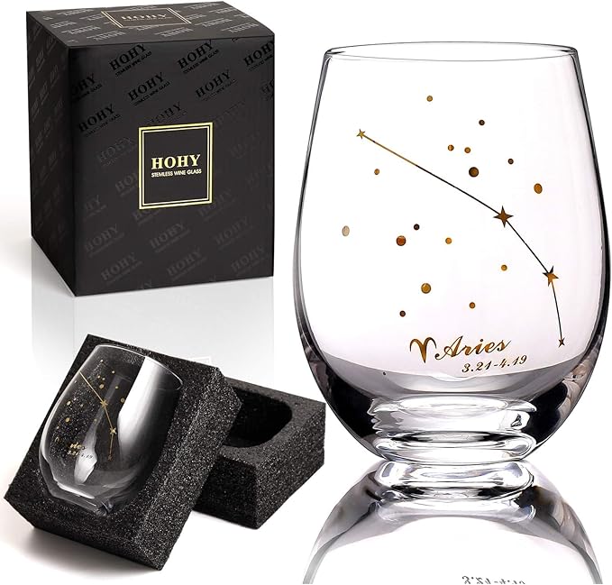Aries Stemless Wine Glass 20 Oz, Aries Birthday Gifts for Women Men, Zodiac Aries Tumbler Gifts for Pisces Women, Aries Cup Golden Gift, Constellation Tumbler Wine Glass, Astrology Gifts for Women Men