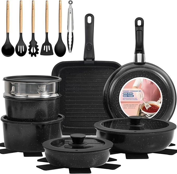 KIKCOIN Ceramic Nonstick Pots and Pans Set - Cookware Set with Detachable Handle - 25 Pack Stackable Cooking Set for RV Kitchen, with Frying Pans, Steamer - Induction/Dishwasher/Oven Safe, PFOA Free
