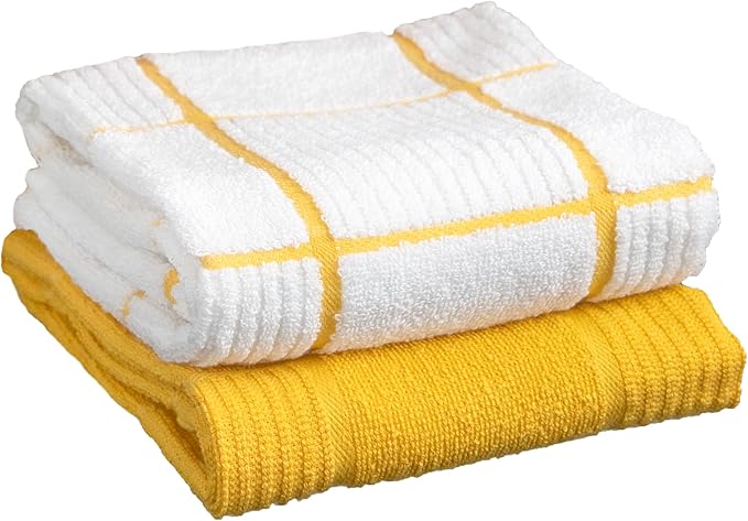 T-FAL Solid & Checked Parquet Kitchen Towels: Highly Absorbent, Super Soft Long Lasting - 100% Cotton, 16"x26" Dish Towels for Cleaning & Drying Dishes, Pans, Glassware, or Countertops, 2-Pack, Lemon