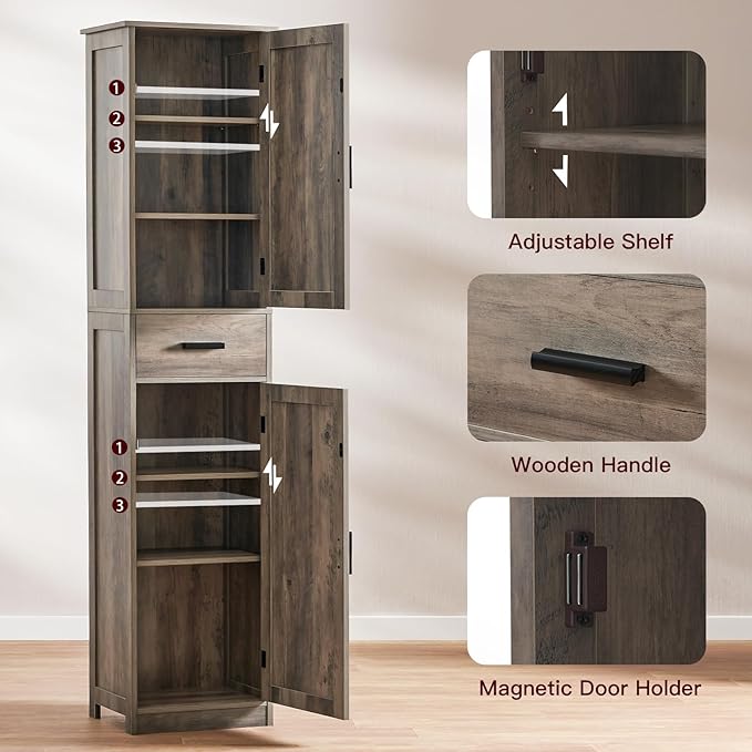 WEENFON Tall Storage Cabinet, Bathroom Cabinet with 6 Shelves & Drawer, Narrow Storage Cabinet with Adjustable Shelves, Tall Cabinet for Living Room, Home Office, Dark Oak