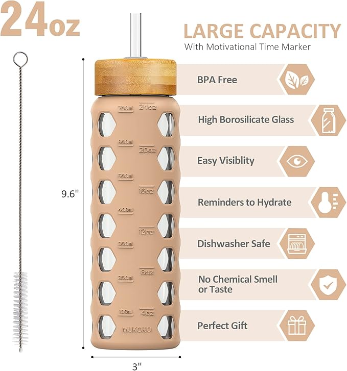 MUKOKO 24oz Glass Water Bottle with 2 Lids-Handle Flip Lid&Bamboo Straw Lid,Motivational Water Tumbler with Time Marker Reminder and Silicone Sleeve, Leakproof-Amber