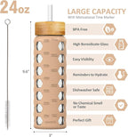 MUKOKO 24oz Glass Water Bottle with 2 Lids-Handle Flip Lid&Bamboo Straw Lid,Motivational Water Tumbler with Time Marker Reminder and Silicone Sleeve, Leakproof-Amber