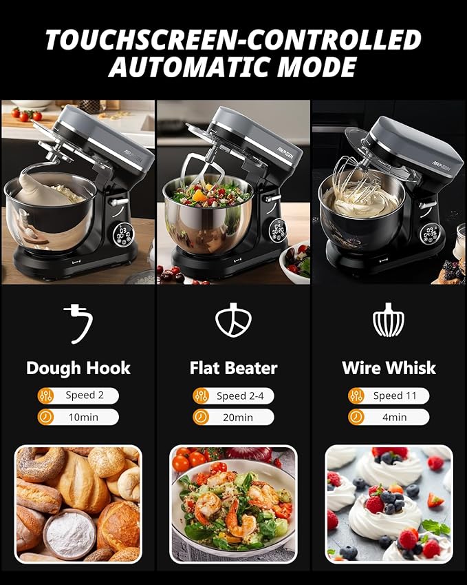 AIRMSEN Automatic Stand Mixer with LED Touchscreen & Timer - 11 Speed Tilt-Head Dough Mixer Fits 5.3QT Bowl & 3-IN-1 Attachments - Kitchen Electric Mixer for Bread Cake Baking - Black and Gray