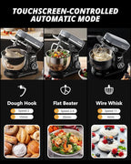 AIRMSEN Automatic Stand Mixer with LED Touchscreen & Timer - 11 Speed Tilt-Head Dough Mixer Fits 5.3QT Bowl & 3-IN-1 Attachments - Kitchen Electric Mixer for Bread Cake Baking - Black and Gray