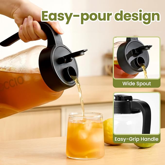 Borosilicate Glass Pitcher with Lid, 64 oz Mason Jar Pitcher Pour Spout Lid Airtight Leak-proof, Sun Tea Glass Jar for Outside, Breastmilk, Cold Brew, Coffee and Iced Tea