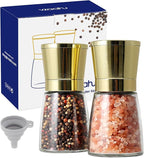 vzaahu Golden Salt and Pepper Grinders with Funnel, Brush - Adjustable Coarseness Shiny Gold Cap Seasalt Peppermill Set Refillable with Magnetic Lid, for Modern, Kitchen Decoration Gift