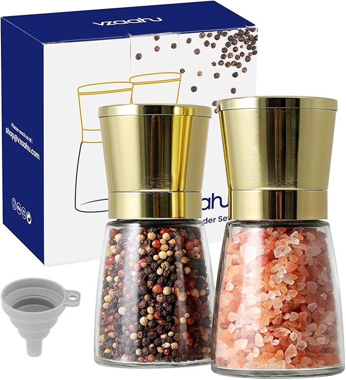 vzaahu Golden Salt and Pepper Grinders with Funnel, Brush - Adjustable Coarseness Shiny Gold Cap Seasalt Peppermill Set Refillable with Magnetic Lid, for Modern, Kitchen Decoration Gift