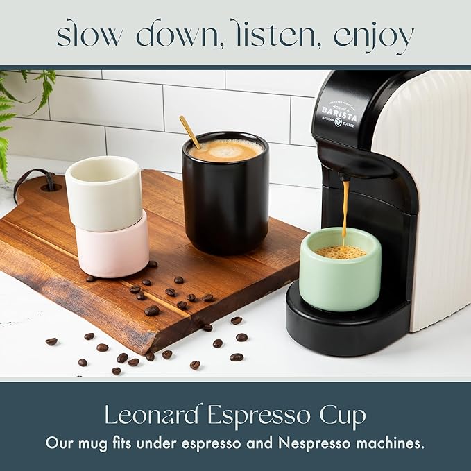 Folk Ceramics Leonard Ceramic Espresso Cups | Modern Stackable Demitasse Mugs for Espresso | Double Walled, Handleless, Durable, Dishwasher & Microwave Safe | 3oz, Set of 2 | Misty Green