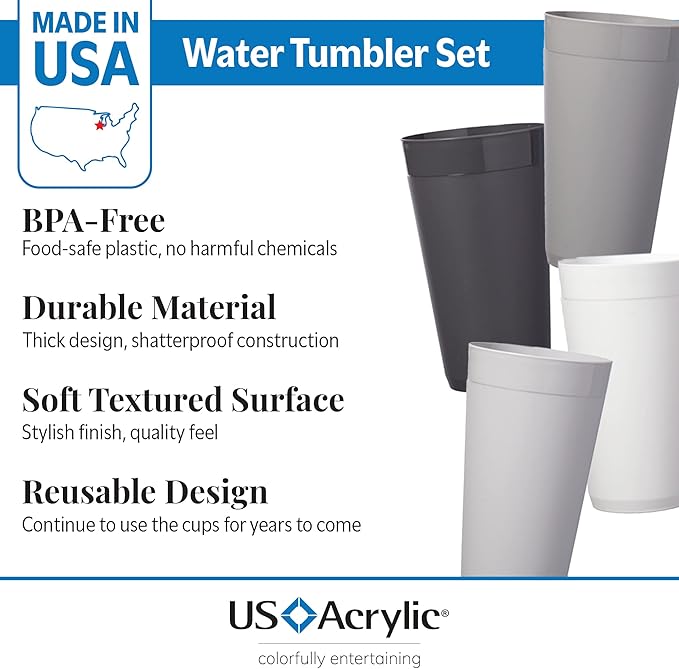 US Acrylic Newport 20 ounce Unbreakable Plastic Stackable Water Tumblers in Grey Stone | Set of 12 Drinking Cups | Reusable, BPA-free, Made in the USA, Top-rack Dishwasher and Microwave Safe