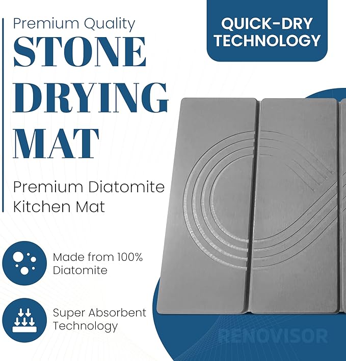 Premium Stone Dish Drying Mat – Large Foldable Kitchen Counter Mat, Super Absorbent Diatomaceous Earth with Coasters, Brush & Anti-Slip Pad – Fast Drying, Dark Gray Zen Design