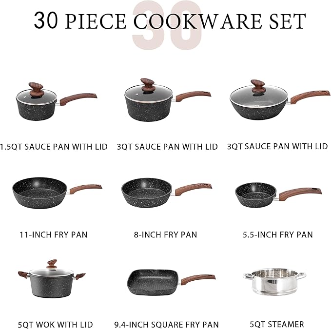 MAISON ARTS Pots and Pans Set Non Stick, 30 Piece Kitchen Cookware & Bakeware Sets with Granite Coating, Pots and Pans Sets for Cooking Nonstick, Black