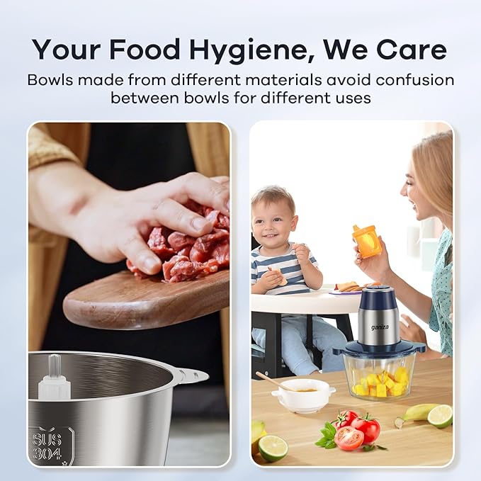 GANIZA Food Processors, Electric Chopper with Meat Grinder & Veggie Chopper - 2 Bowls with Powerful Copper Motor - Includes 2 Sets of Bi-Level Blades for Baby Food/Meat (Blue, 8 Cup+8 Cup)