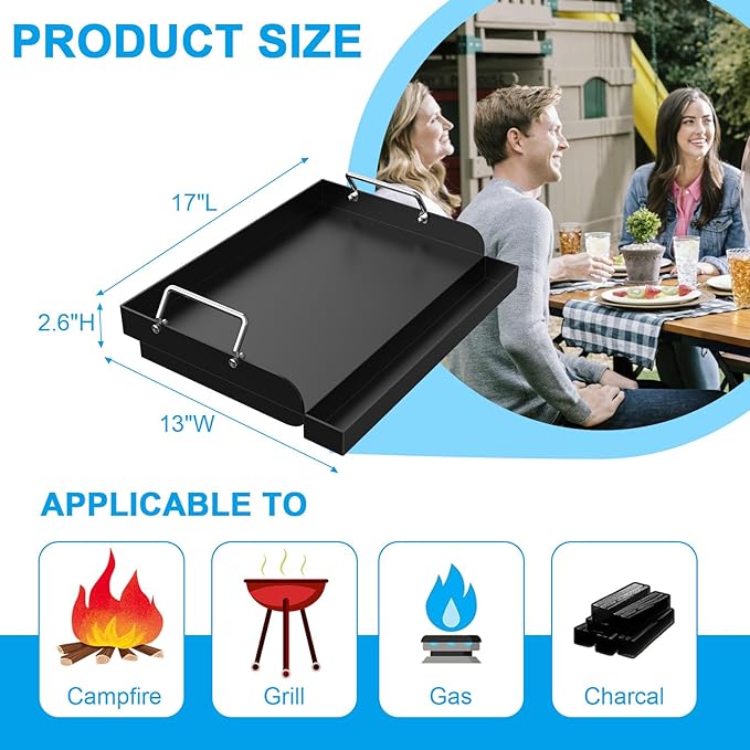 17" x 13" Nonstick Grill Griddle for Most Gas Grills, Universal Flat Top Griddle for Charcoal/Gas Stove, Cooking Griddle Plate with Removable Handles & Grease Groove for Camping, Tailgating, Parties