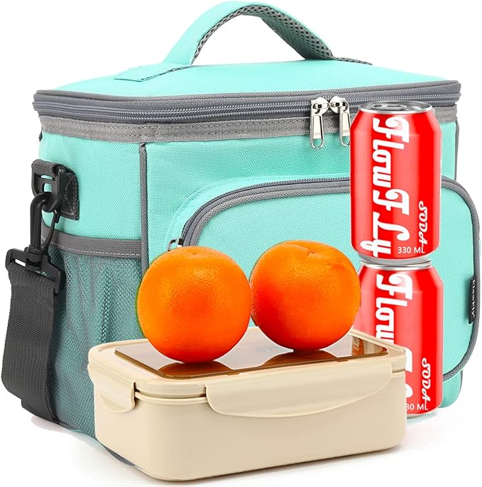FlowFly Insulated Reusable Lunch Bag Adult Large Lunch Box for Women and Men with Adjustable Shoulder Strap,Front Zipper Pocket and Dual Large Mesh Side Pockets,Jade