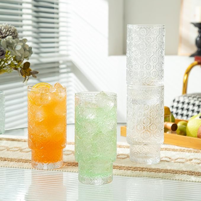 Drinking Glasses Set of 4, 16oz Textured Flower Design Cocktail Glasses, Stackable Old Fashioned Glass Cups, Vintage Glassware for a baby Shower Wedding for Kitchen and Bar - Dishwasher Clear