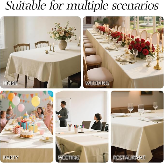 WIGENIUS 2 Pack Ivory Table Cloth Rectangle 60x102 Inch Polyester Tablecloths for 6ft Rectangle Tables - Reusable Wrinkle Resistant Washable Cloth Cover for Wedding Banquet Party | Hemmed Edges