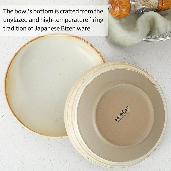 HAPPY KIT 9'' Pasta Bowls, 42oz Pasta Bowls Set of 4, Large Salad Bowl, Ceramic Serving Bowls,Double Reactive Glaze, Ideal for Housewarming, Festivals, Microwave Safe (Ivory)