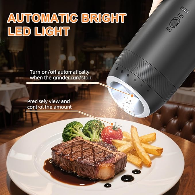 Gravity Electric Salt and Pepper Grinder Set Rechargeable, External Adjustable Coarseness, Automatic Salt and Pepper Shakers Mill with LED Light, 6oz/176ml Large Capacity, House Warming Gifts (1 Pack)