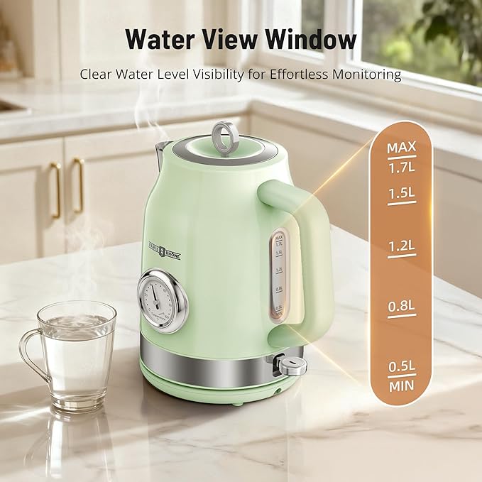 Retro Electric Kettle, PARIS RHÔNE 1.7L Hot Tea Kettle with Thermometer, 1500W Fast Heating, Cordless Design, LED Indicator, Auto Shut-Off & Boil Dry Protection