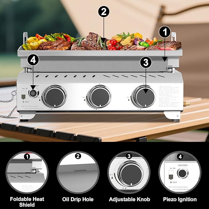 R.W.FLAME 3 Burner Tabletop Propane Griddle, 25" Stainless Steel Gas Griddle, 24,000 BTU Flat Top Grill for Outdoor BBQ,Camping & Patio Gatherings