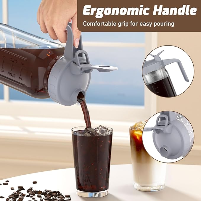 Cold Brew Coffee Maker Jar - 64oz Thick Glass Multipurpose Mason Pitcher Spout Lid with Handle & Stainless Steel Filter for Iced Coffee, Lemonade, Ice Tea, Homemade Fruit Drinks Container（2Pack）