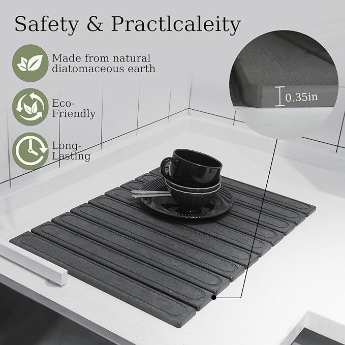 Hopegiver Dark Gray Stone Drying Mat for Kitchen Counter, 23.62"x15.35" Engraved Design Quick Dry Stone Mat, Super Absorbent Diatomaceous Earth Dish Drying Mat for Kitchen Bathroom, with Sanding Tools