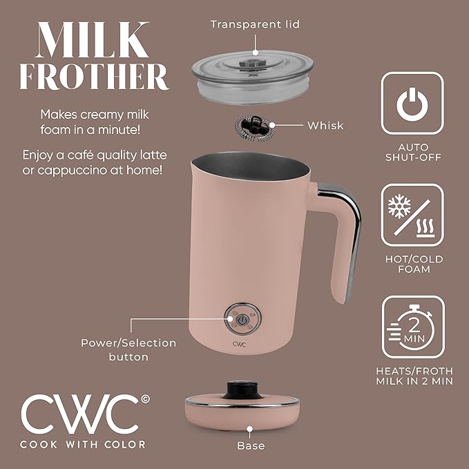COOK WITH COLOR 4-in-1 Electric Milk Steamer and Frother - 2-Minute Heating and Frothing, Hot and Cold Foam Maker for Coffee, Latte, Cappuccino, Macchiato, Milk Warmer, Auto Shut Off, Blush