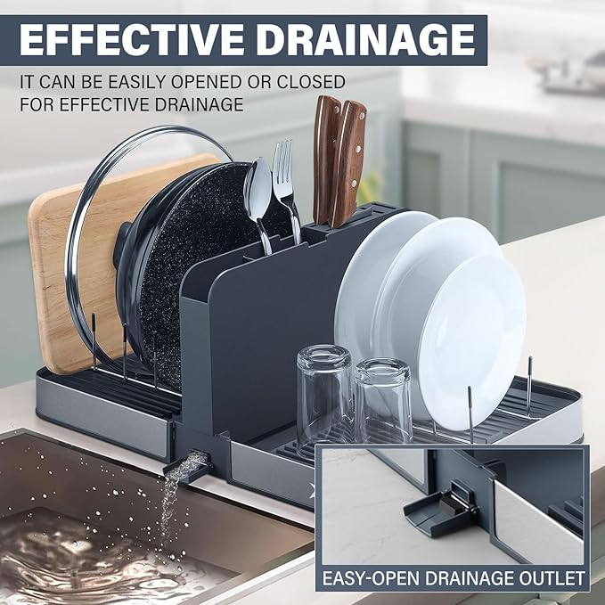 Foldable Dish Drainer Rack with Removable Cutlery Holder Stainless-Steel Dish Drying Rack with Dual Parts, Space-Saving Dish Rack, Rustproof Utensil Drainer for Kitchen Counter, Gray/Steel