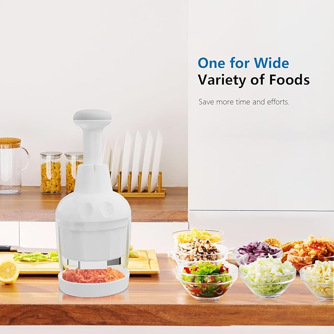 Food Chopper, Handheld Veggie Chopper for Vegetable, Onion, Garlic, Nut, Hand Vegetable Cutter, Dishwasher-safe, Stainless Steel Blade, White.