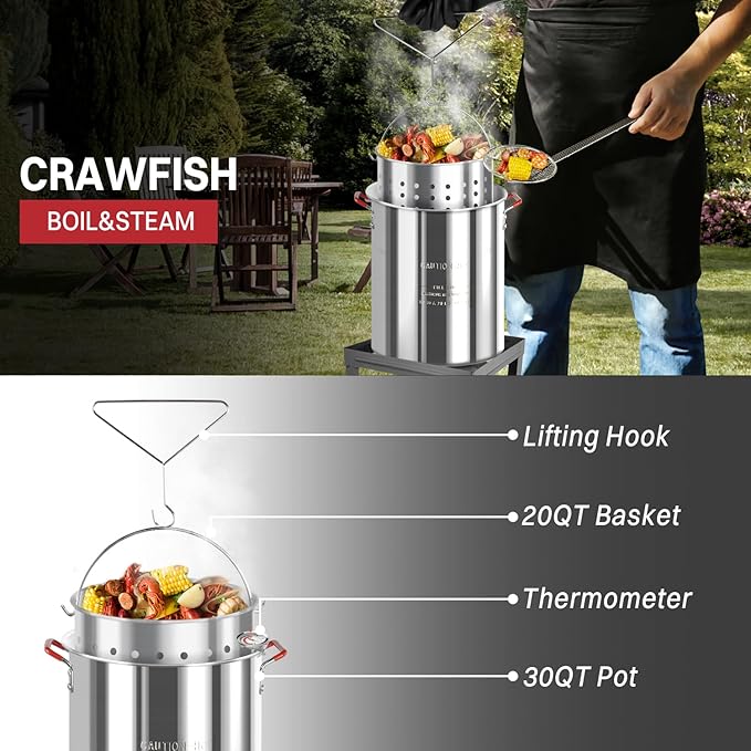 30QT & 10QT Outdoor Fryer | Turkey Fryer | Seafood Boil Pot | Cover & Skimmer Included | 50,000BTU Propane Burner | Aluminum Deep Fryer Pot with Basket | Crab, Seafood & Crawfish Boiler