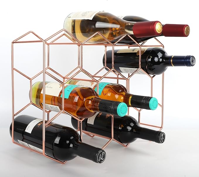 Rose Gold Wine Rack Countertop 14 Bottles, Geometric Stainless Steel Wine Bottle Holder,3 Tier Wine Racks for Cabinet Pantry Bar Table No Assembly Required