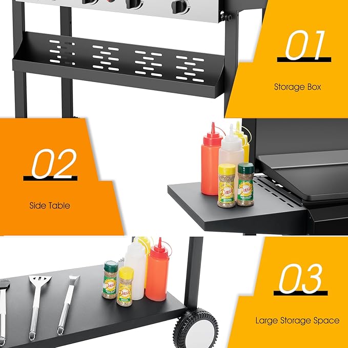 4 Burner Propane Griddle with Lid, 30 Inch Stainless Steel Portable Detachable Gas Griddle, 60,000 BTU Flat Top Grill with Side Shelves for Camping
