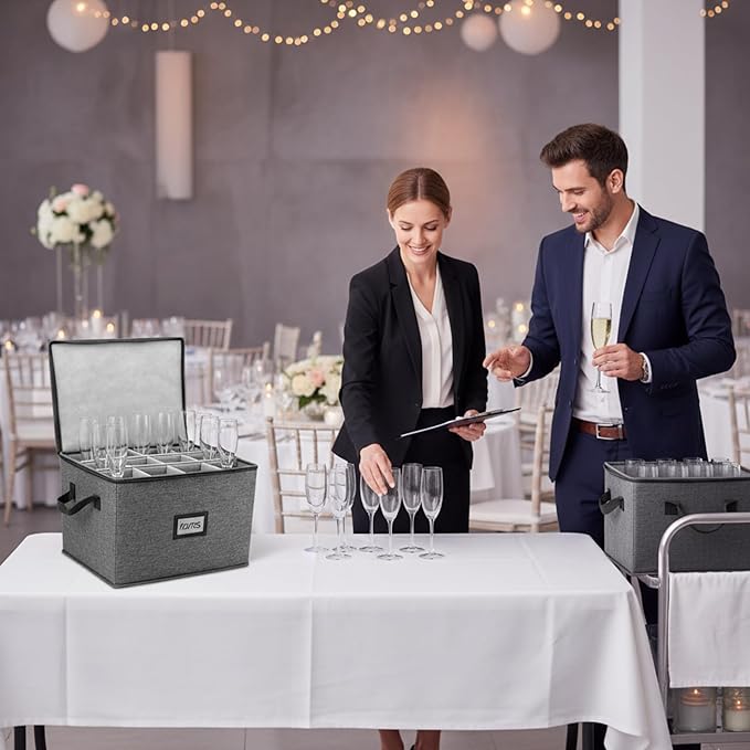 HOMELUX THEORY Champagne Flute Storage Box with Dividers, Hard Shell China Storage Containers, Heavy Duty Glassware Storage Box & Stemware Storage Container with Lid, Thick Surface, and Sturdy Handle