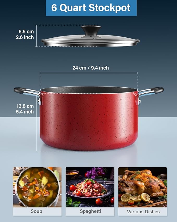 Cook N Home Nonstick Stockpot with Lid 6-Quarts, Professional Cooking Soup Pot, Casserole Cookware, Marble Red
