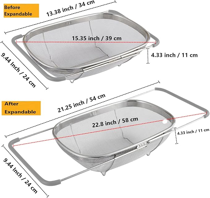 Over The Sink Colander, 6 Quarts Stainless Steel Oval Colander with Expandable Rubber Grip Handle, Fine Mesh Strainer Baskets Kitchen Colanders for Strain, Drain, Rinse Vegetables, Fruits, Grey