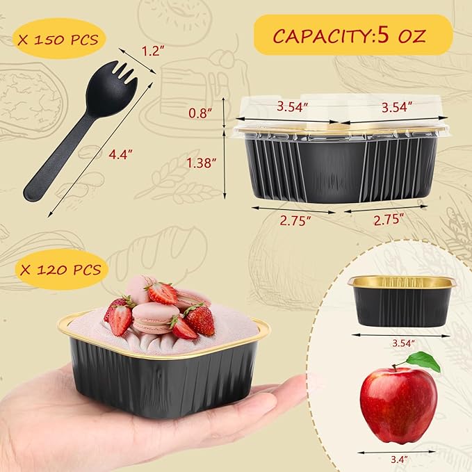 120pack 5oz Mini Cake Pans with Lids,LNYZQUS Disposable Ramekins Muffin Tins Cupcake Baking Cups,Small Aluminum Foil Brownie Baking Pan Containers Mini Cheesecake Holders-Black