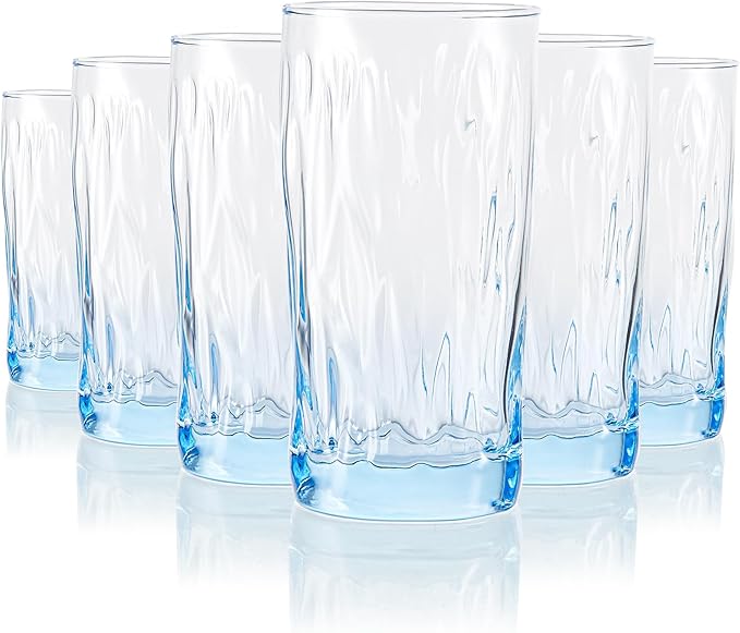 REATIVELAND Solid Color Drinking Glasses Set of 6, 13.5 OZ Wind-blown Ripples Glass Tumbler Glassware for Water, Juice, Different Options for Home, Restaurant, Hotel, Bar, Blue