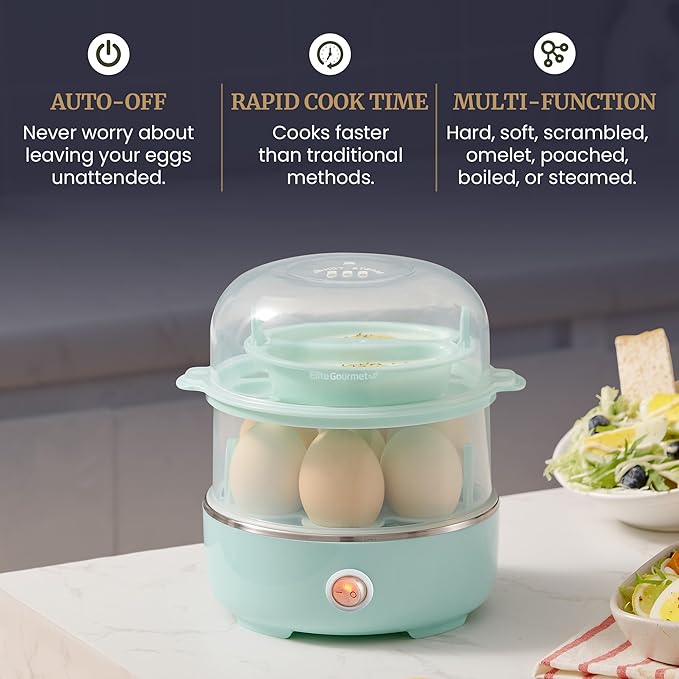 Elite Gourmet EGC1215M Easy Egg Cooker, Stainless-steel Heating Plate, Two-Tiered, 14-Egg Capacity, Soft, Medium, Hard-Boiled, Auto Shut-Off, Omelets, Poached Eggs, Measuring Cup, Piercing Pin, Mint