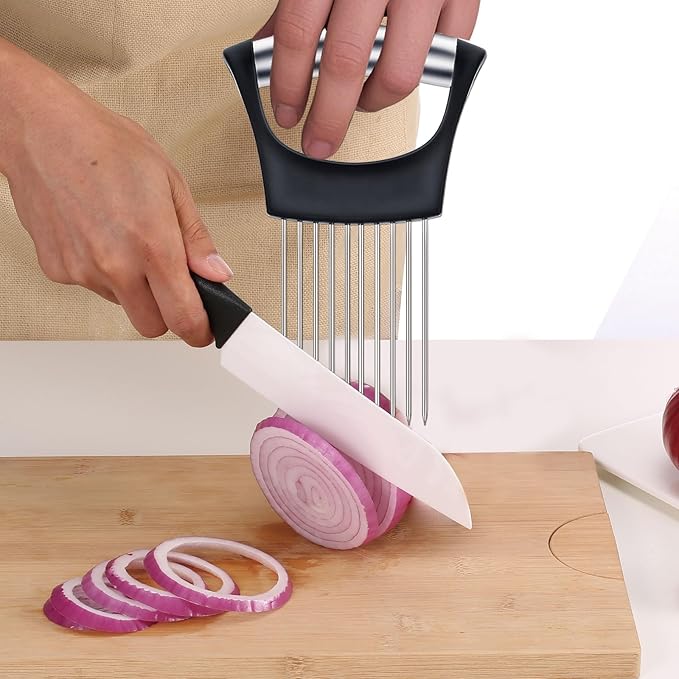 3 Pieces Onion Holder for Slicing, Stainless Steel Onion Cutter for Slicing, Potato Lemon Slicer Tomato Slicers Kitchen Comb for Onions, Tomatoes, Avocados, Eggs, Lemon, Potatos (Black)
