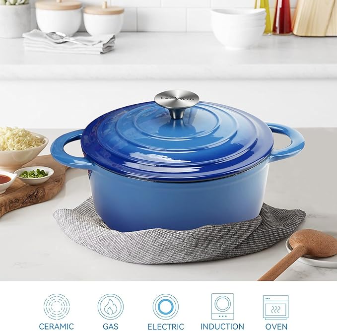 Enameled Cast Iron Dutch Oven with Self Basting Lid Non-stick Enamel Coated Dutch Oven Camping Suitable For Variety Stovetops Dutch Ovens Gifts for Family Blue 3QT