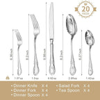 KINGSTONE Vintage Silverware Set, 20-Piece 18/10 Stainless Steel Silverware Set for 4 with Floral Handles, Design Mirror Polished, Utensil Sets for Home Restaurant Wedding，Dishwasher Safe