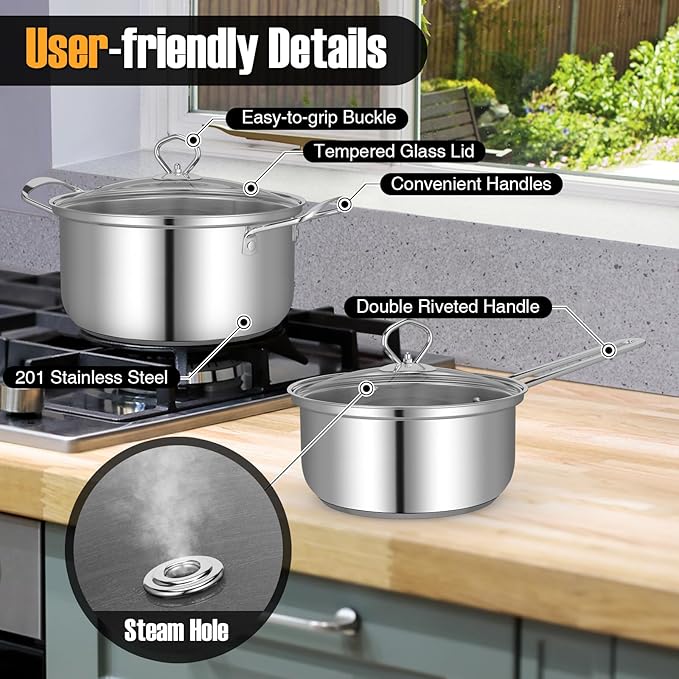 COSTWAY 12 Piece Stainless Steel Cookware Set, Pots and Pans Set with Stock Pot, Frying Pans, Saucepan, 6 Glass Lids, Induction Compatible, Kitchen Cookware Sets for Home, Silver (12 Piece)