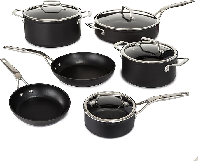 BergHOFF Essentials 10Pc Non-stick Hard Anodized Cookware Set With Glass lid, FernoGreen Non-toxic Nonstick Coating, Stainless Steel Handle, Induction Pots and Pans, Black