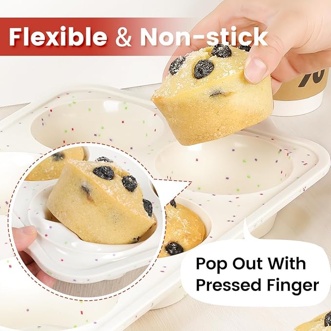 Large Muffin Pan, Metal Reinforced Frame 3.5 Inch Jumbo Silicone Muffin Pan Nonstick 6 Cups for Baking Jumbo Muffin, Frittatas, Jumbo Cupcakes 2 Pack Confetti